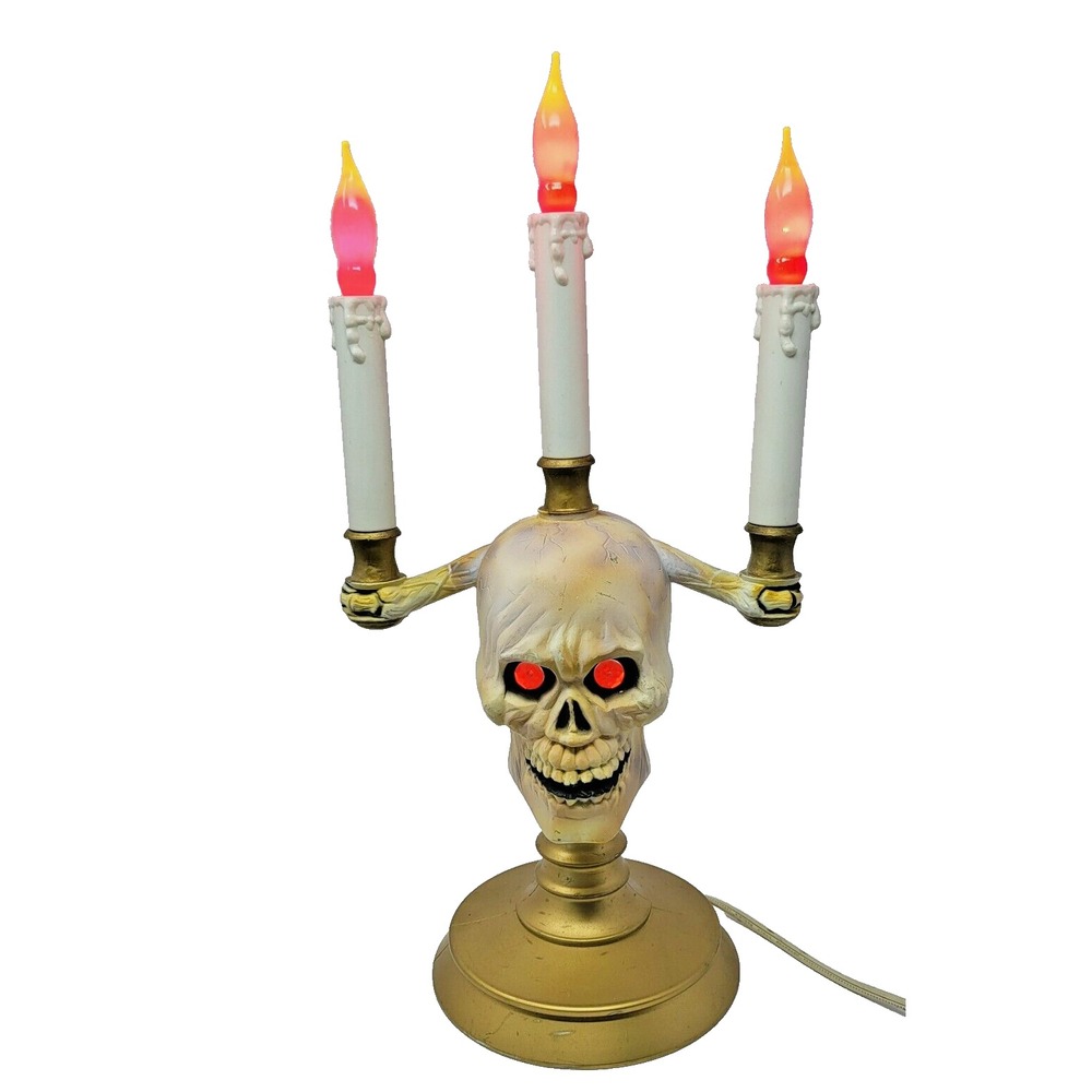 Vintage 1994 Trendmasters Halloween Skull Candelabra Flickering Lights 15.5"x7"